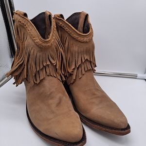 Liberty black fringe brown boots, Booties US 7